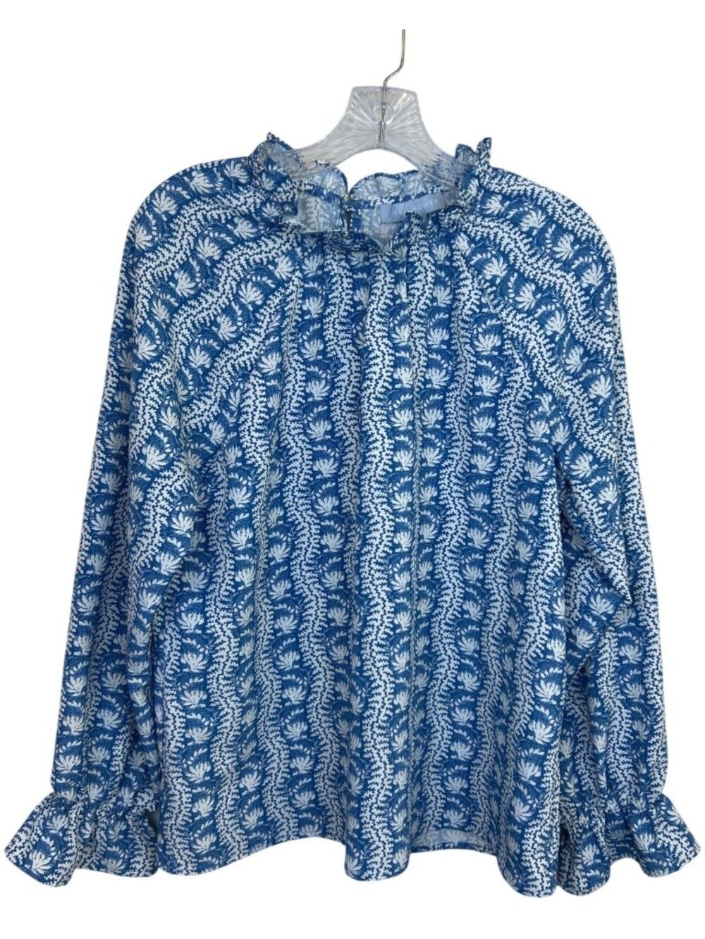 Hill House Women’s S Millie Blouse Blue White Floral Ruffle Neck Long Sleeve